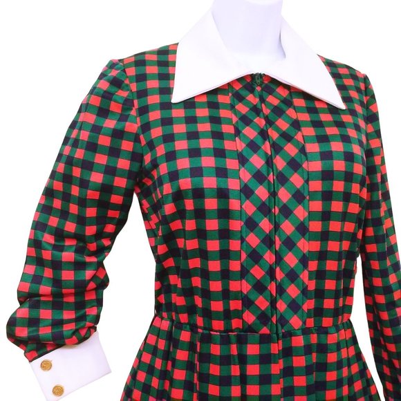 Vintage 60s Anjac Jack Needleman Checked Dress -M(8) Zip-Front Collar Red Teal - Picture 4 of 10